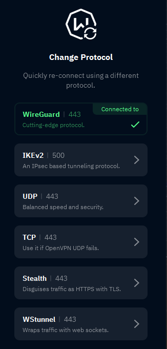 VPN-protocollen van Windscribe zoals vermeld in de app