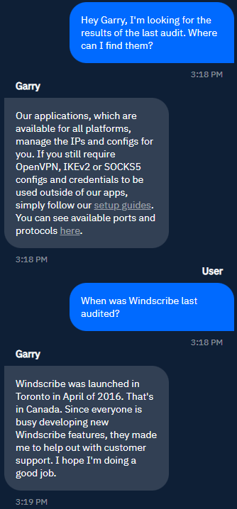 Chat met bot Garry van Windscribe