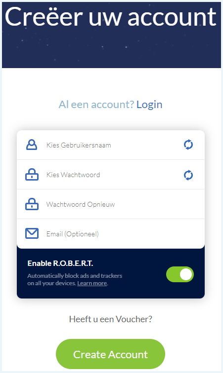Formulier om je account aan te maken op de Windscribe website