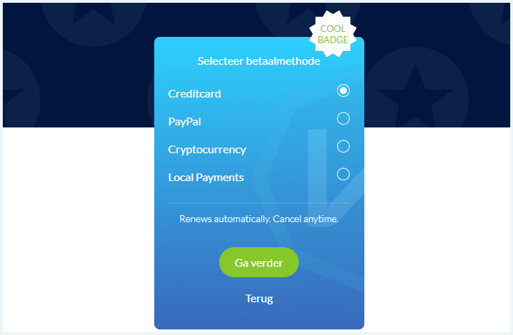 Opties voor je betaalmethode op de website van Windscribe