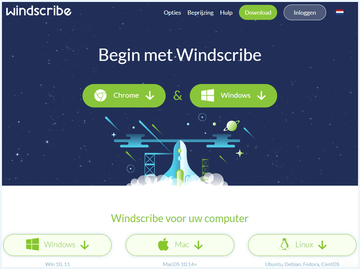 Downloadpagina van de website van Windscribe