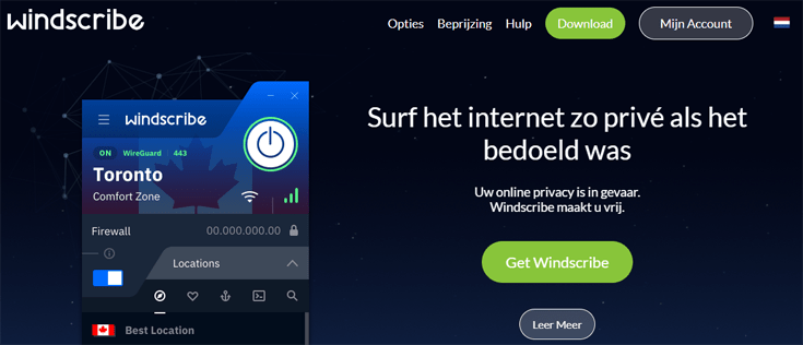 Homepagina van de website van Windscribe