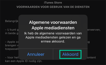 Algemene voorwaarden van Apple Mediadiensten waarbij Akkoord is uitgelicht