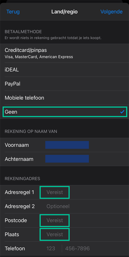 Het scherm Land/Regio in iPhone waarbij Geen onder betaalmethode is uitgelicht
