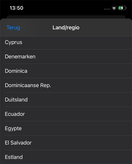 Lijstje met landen in het menu Land/Regio van iPhone