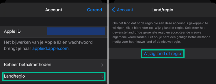 iPhone schermen Account en Land/Regio waarbij Land/Regio en Wijzig land of regio zijn uitgelicht