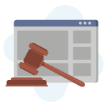 Rechter hamer naast een browservenster om juridische consequenties van sitegebruik te symboliseren