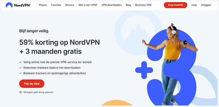 Screenshot van NordVPN website homepagina, mei 2023