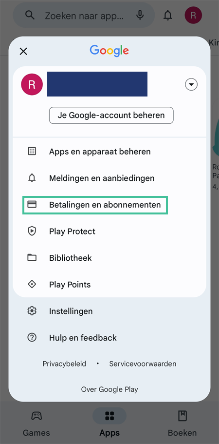 Google Play waarbij de instellingen zichtbaar zijn en de term Betalingen en Abonnementen is uitgelicht