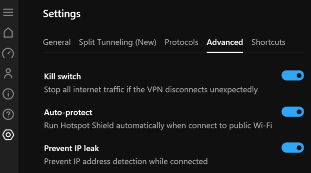 Advanced Settings van de VPN-app van Hotspot Shield