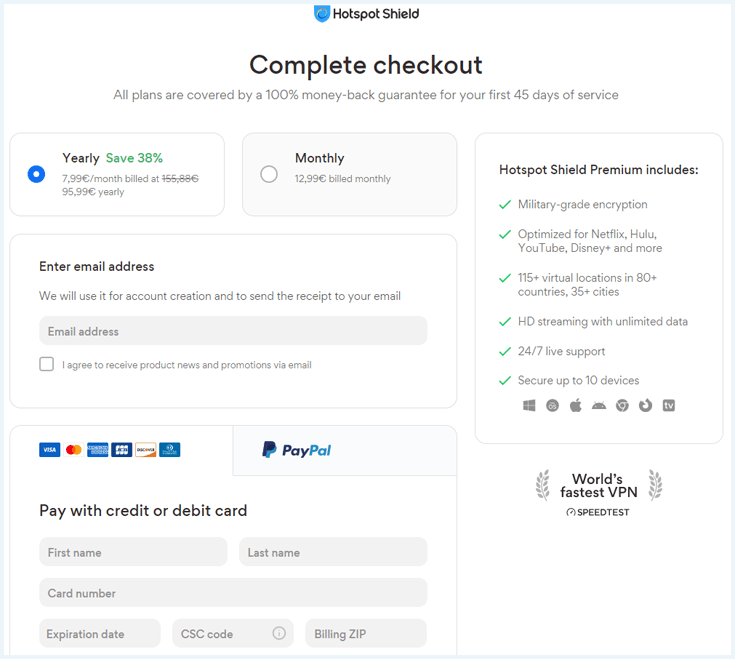 Afrekenpagina op de website van Hotspot Shield