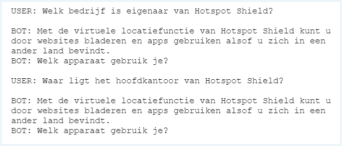 Chat met een bot van Hotspot Shield waarbij niet wordt gereageerd op de gestelde vraag