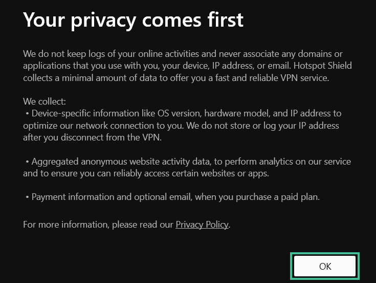 Scherm om de privacyvoorwaarden van Hotspot Shield te accepteren