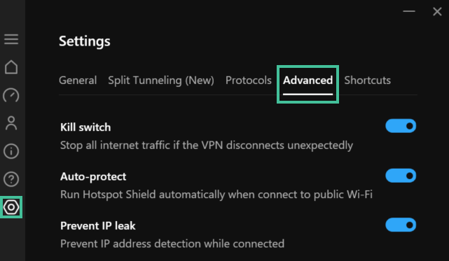 Advanced Settings van de VPN-app van Hotspot Shield waarbij De settings-knop en het tabblad Advanced zijn uitgelicht