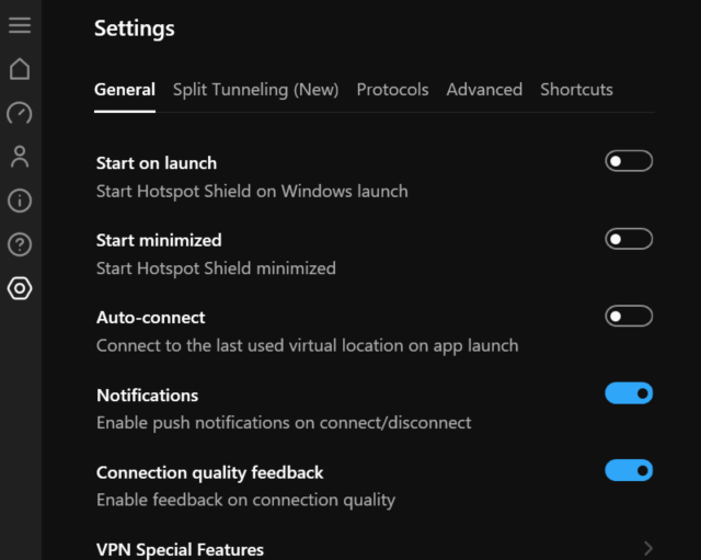General Settings van de VPN-app van Hotspot Shield