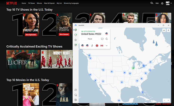NordVPN app verbonden met een Amerikaanse server met op de achtergrond een werkende Netflix Website