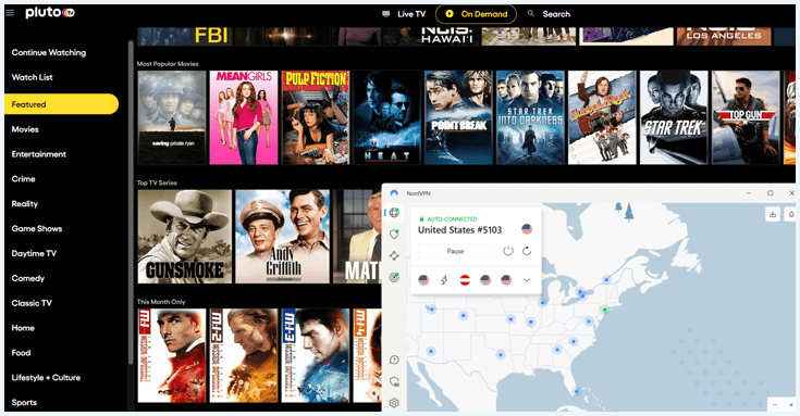 NordVPN app verbonden met een Amerikaanse server met op de achtergrond een werkende Pluto TV Website