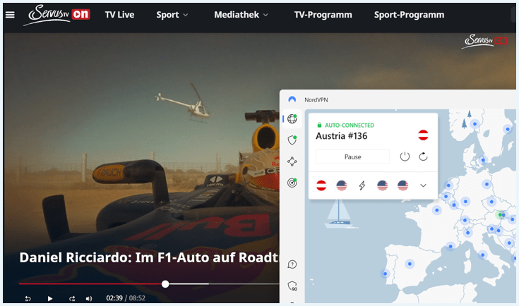 NordVPN app verbonden met een Oostenrijkse server met op de achtergrond een werkende ServusTV stream