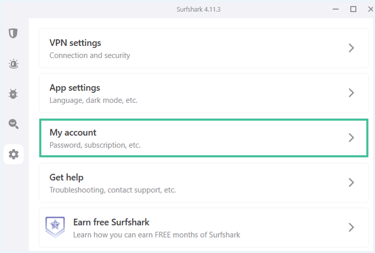 Surfshark app settings waarbij My Account is uitgelicht