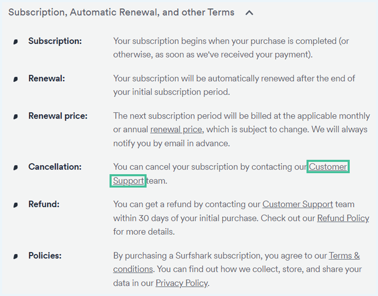 Pagina op de Surfshark website waarbij de link Customer Support is uitgelicht