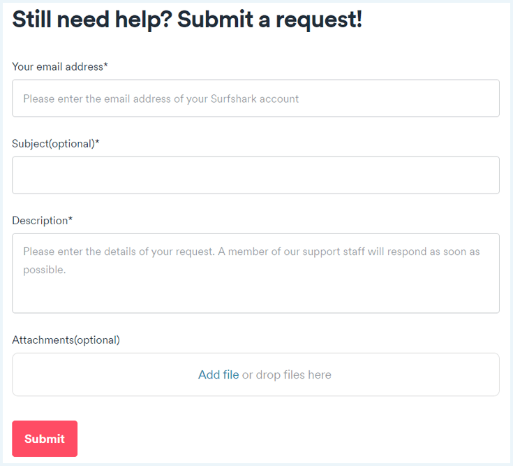 Formulier om een e-mail te sturen naar Surfshark op de Surfshark website