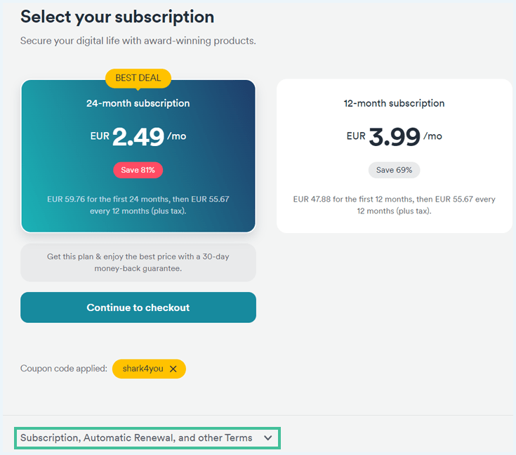 Surfshark website waarbij het menu item Subscription, Automatic renewal, and other terms is uitgelicht