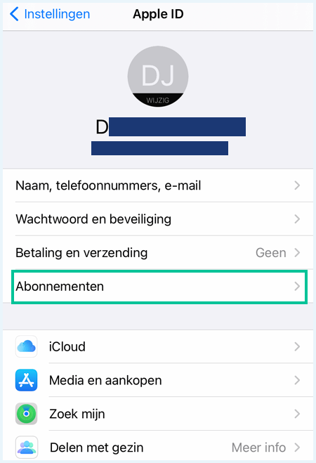 iPhone Apple ID instellingen waarbij Abonnementen is uitgelicht