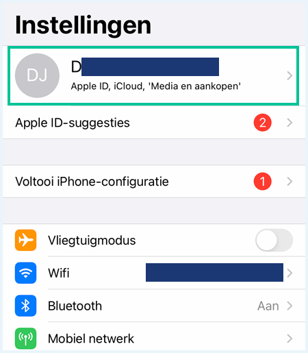 iPhone instellingen waarbij het Apple ID is uitgelicht