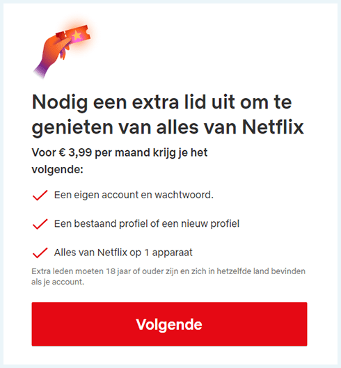Pop up van Netflix waar je een extra lid kunt kopen met uitleg hierover