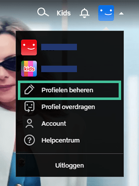 Overzicht van profielopties bij Netflix met profielen beheren omcirkeld