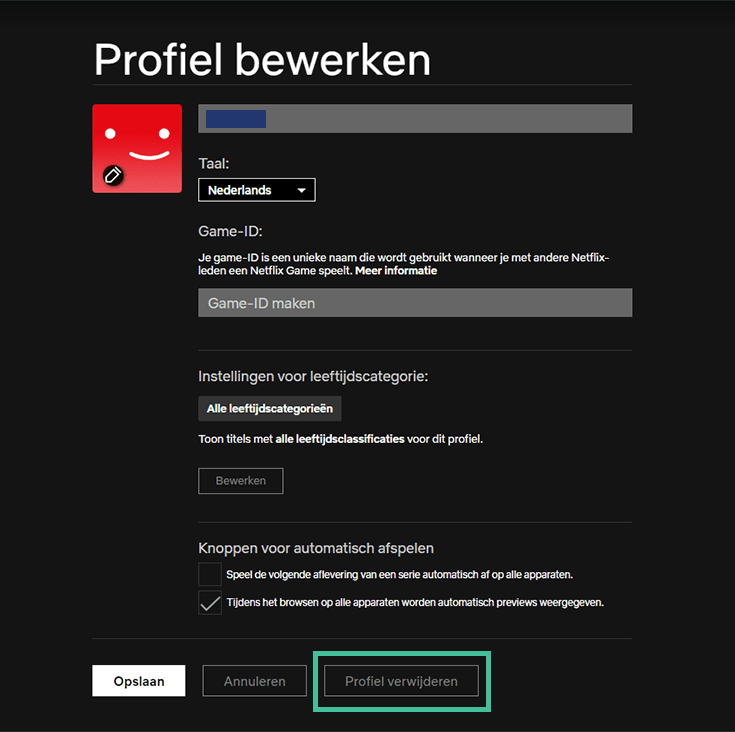 Pagina in Netflix-instellingen waarin je je profiel kunt bewerken met profiel verwijderen omcirkeld