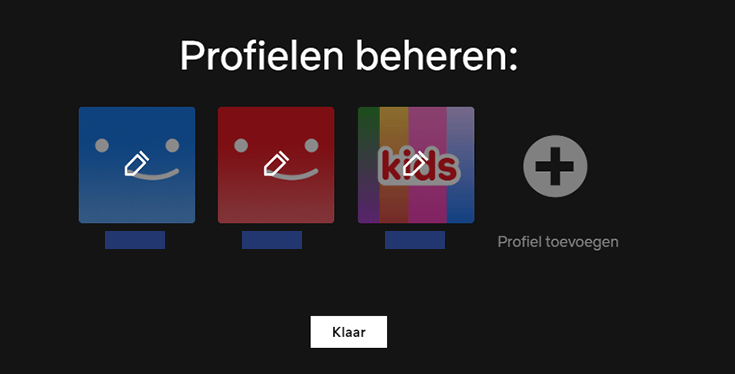 Pagina binnen Netflix waarin je je profielen kunt beheren