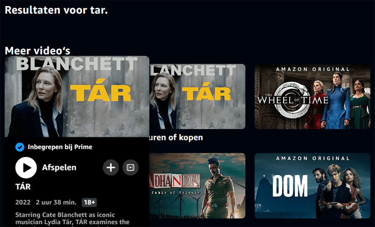Zoekresultaten voor Tár op de Amazon Prime Video website