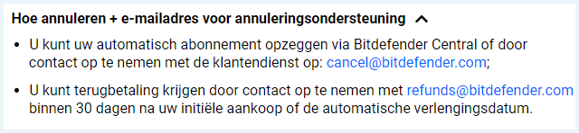 Tekst over hoe je je abonnement kunt opzeggen en je geld kunt terugvragen zoals vermeld op de Bitdefender VPN website