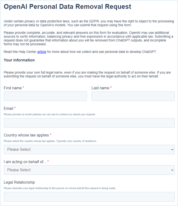 Dataverwijderingsformulier op de website van ChatGPT