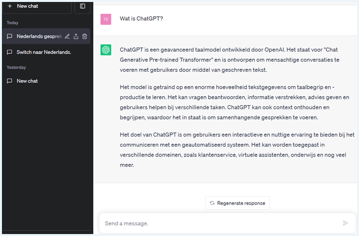 Antwoord van ChatGPT op de vraag Wat is ChatGPT