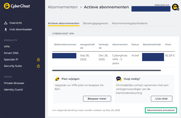 Abonnementspagina op de website van CyberGhost waarbij Abonnement annuleren is uitgelicht