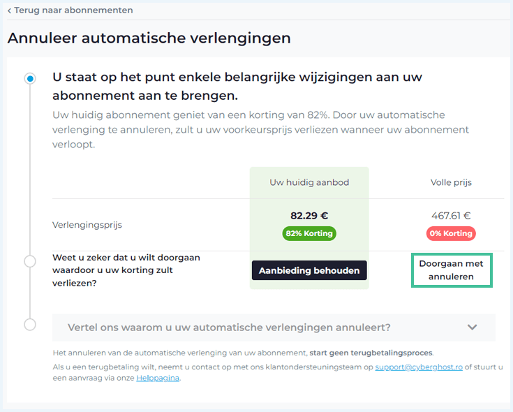 De pagina Annuleer automatische verlengingen op de website van CyberGhost waarbij Doorgaan met Annuleren is uitgelicht