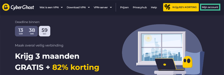 Homepage van CyberGhost waarbij de link Mijn Account is uitgelicht