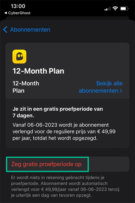 Abonnementen op iOS waarbij Zeg gratis proefperiode op is uitgelicht bij de CyberGhost app
