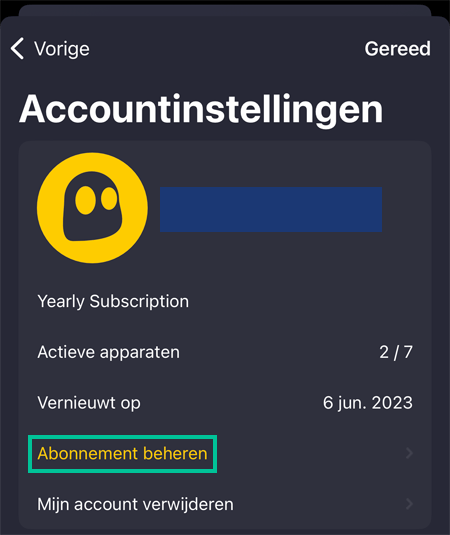 Accountinstellingen in de iOS app van CyberGhost waarbij Abonnement Beheren is uitgelicht