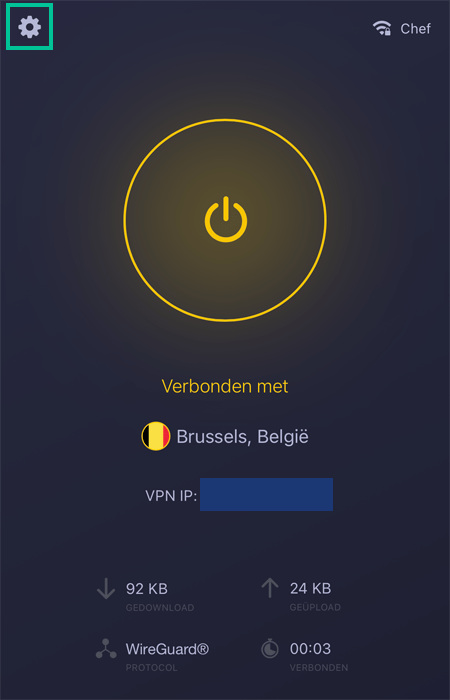 CyberGhost iOS app waarbij het tandwieltje is uitgelicht