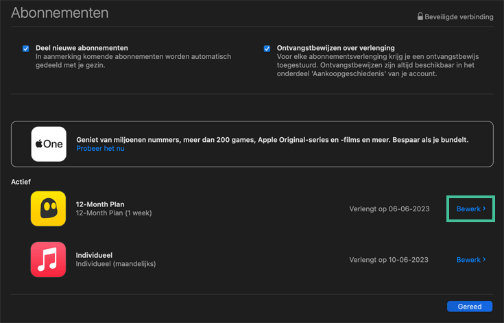 macOS abonnementen waarbij de knop Bewerk achter CyberGhost is uitgelicht