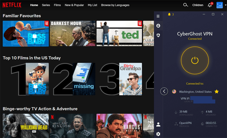 CyberGhost app verbonden met een Amerikaanse server met op de achtergrond een werkende versie van de Amerikaanse Netflix