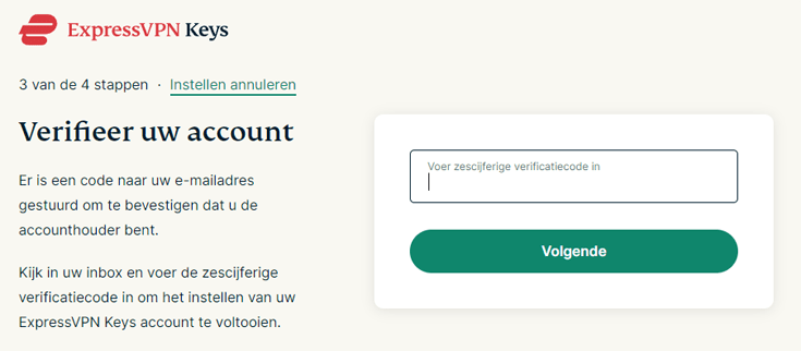 Scherm om je verificatiecode in te voeren voor ExpressVPN Keys
