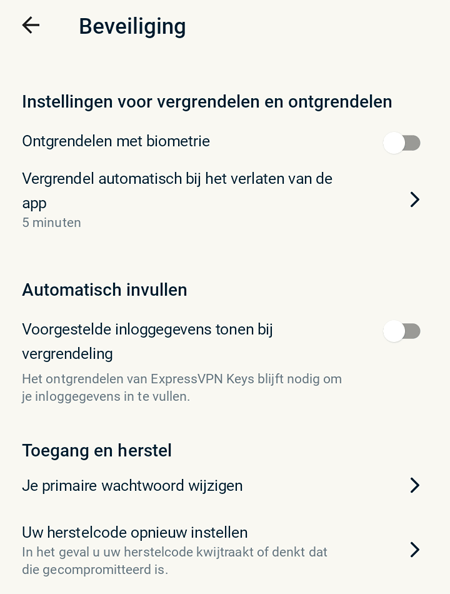Beveiligingsinstellingen van ExpressVPN Keys zoals ze voorkomen in de mobiele app