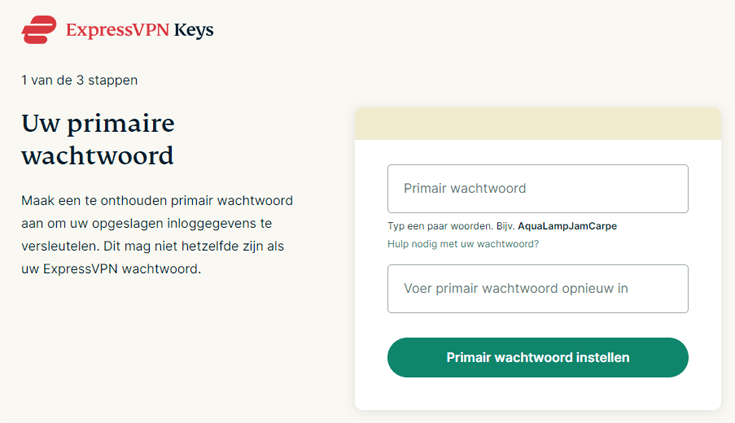 Formulier om een primair wachtwoord aan te maken voor ExpressVPN Keys