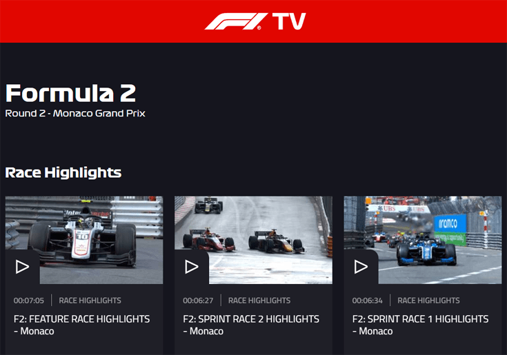 Pagina met Formule 2 Streams op de F1 TV Pro website