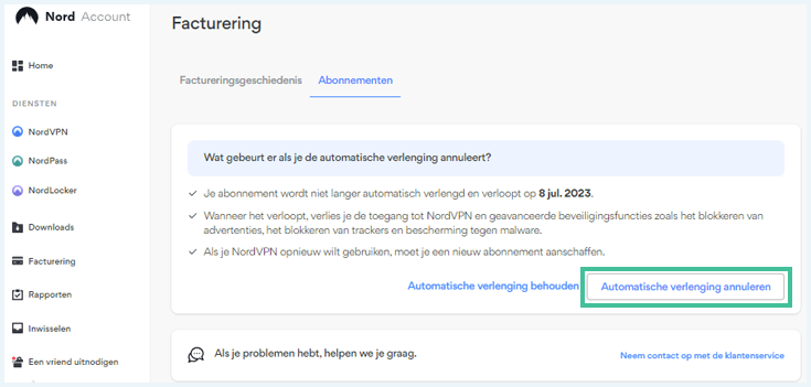 Factureringspagina van NordVPN waarbij Automatische verlenging annuleren is uitgelicht