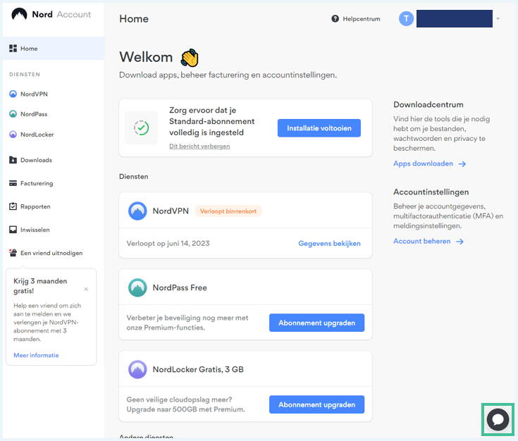 Accountpagina van NordVPN waarbij de chatbubbel om een chat te starten met de klantenservice van NordVPN is uitgelicht